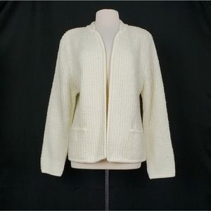 Vintage 80s Cardigan Sweater Cream Textured Knit Open Front Misses Size L